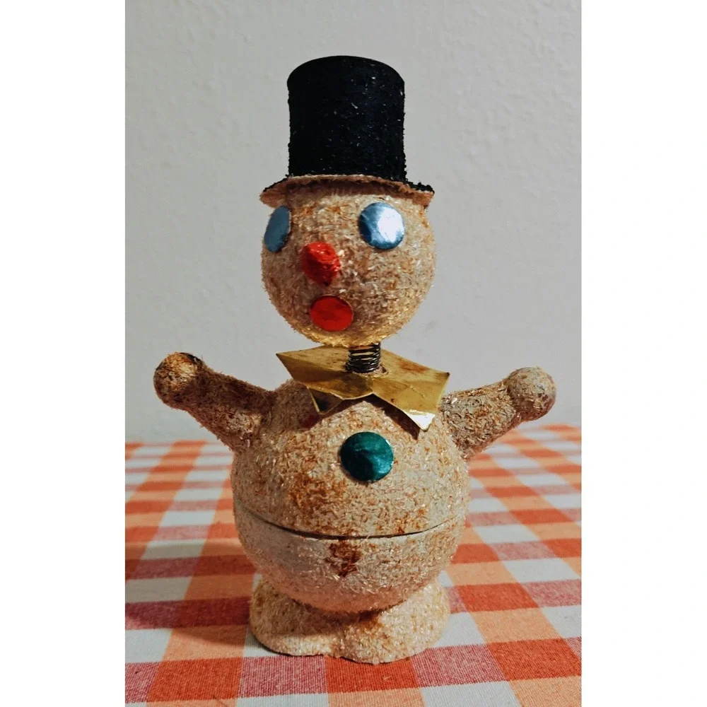 VINTAGE Paper Mache‎ Snowman West GERMANY Candy Holder cardboard mica 1930s